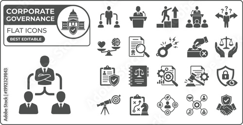 Corporate Governance Solid Icon Set Leadership, Ethics, Strategy, Compliance, Management, Board, Transparency, Policy Professional Vector Set Editable
