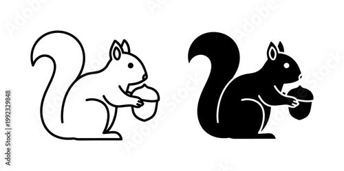 Squirrel holding acorn icon set in outline and silhouette style