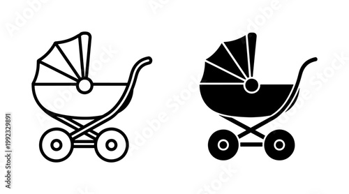 Baby stroller line and silhouette icon set