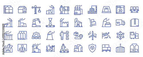 Factories web icons in line style. Production, technology, factory, industry power, manufacture. Vector illustration.
