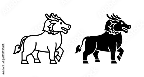 Chinese Kirin Mythological Creature Line and Silhouette Icon Set