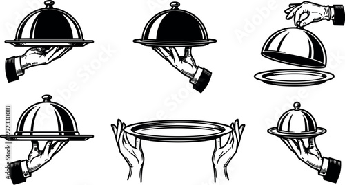 Black and white vintage line art hands holding serving tray and cloche