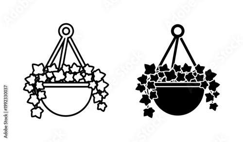 Hanging Ivy Plant Icon Set in Outline and Solid Style