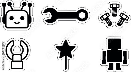 Black and white robot wrench bolt star clipart icons collection
