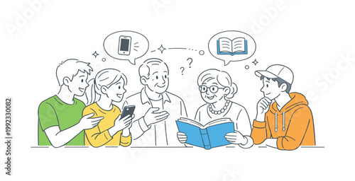 Generation gap social interaction scene showing younger and older individuals trying to understand each others perspectives in a shared environment, using a smartphone