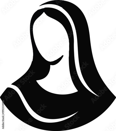 A simple black and white illustration of a woman wearing a headscarf