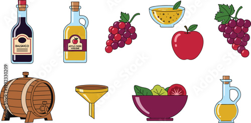 Organic Vinegar and Salad Dressing Vector Icon Set Featuring Balsamic Vinegar, Apple Cider, Grapes, Wooden Barrel, Funnel, and Fresh Garden Salad Bowl