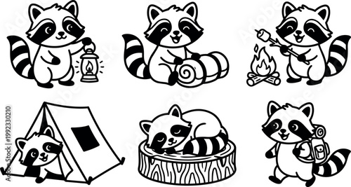 Black and white raccoon camping with lantern sleeping on log and roasting marshmallow vector art