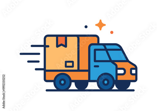 Courier service and last mile delivery shown as an operational logistics scenario, a small delivery truck with subtle speed lines indicating fast movement and timely