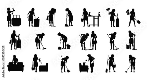 Collection of black silhouettes of women performing various household cleaning tasks and domestic duties.
