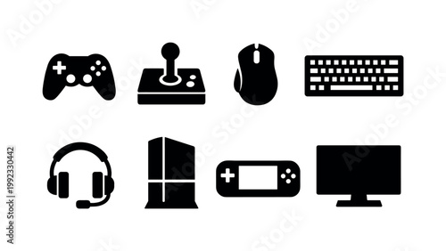 Video gaming essentials: game controller, joystick arcade, gaming mouse, keyboard, headset, console, handheld gaming device, monitor screen.