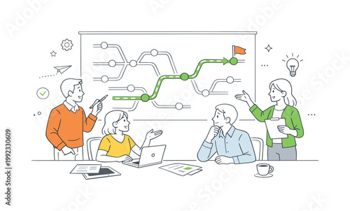 A clear workflow routing optimization scenario where a team refines how tasks are directed to the right stages during a planning session, centered around a visual