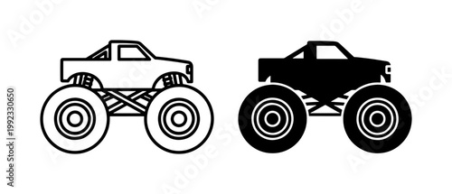Monster Truck Outline and Solid Black Silhouette Icons