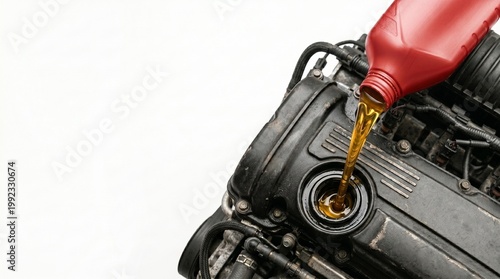 Mechanic pouring new motor oil into car engine. Automotive service and vehicle maintenance concept. Routine engine oil change for optimal performance and vehicle care. White background.