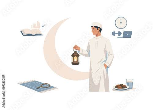Ramadan a time of balance between daily responsibilities and spiritual growth in a modern lifestyle, depicted as a person holding a small lantern while standing near a