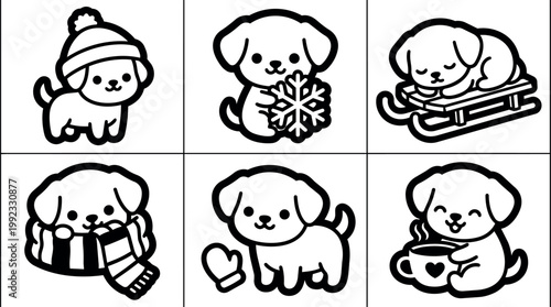 Cute black and white puppy with winter hat scarf mitten cup and sled illustration