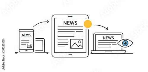 News media consumption illustrating how users engage with current events and updates across devices, a tablet with a simple article layout combined with a small eye icon
