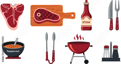Premium Steakhouse and BBQ Grill Vector Icon Set Featuring T-Bone Steak, Grilled Fillet, Peppercorn Sauce, Steak Sauce, Red Kettle Grill, and Professional Meat Carving Tools