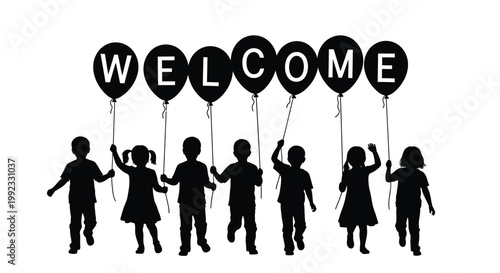 Group of children silhouettes holding balloons with the word welcome spelled out against a plain background