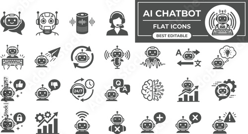 AI Bot Chatbot Solid Icons for Artificial Intelligence and Customer Support featuring Virtual Assistant Technology Automation Digital Communication Professional Vector Set Editable
