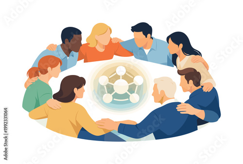 Group unity scenario where individuals come together to support a shared goal or value, representing cooperation, solidarity, and collective strength in social or