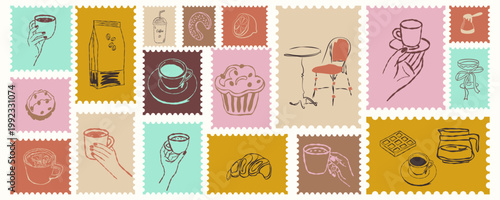 Coffee mail stamps. Retro frame or border element design with  coffee and , lemons. Letter mail stamp sticker print, wall art vector travel postcard, food and drinks placard or poster.	
