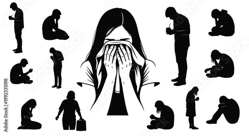 Collection of silhouette figures expressing sadness, despair, and emotional distress in various poses.