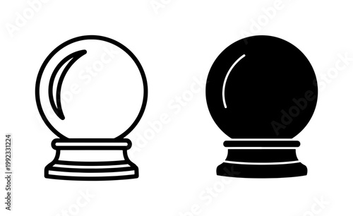 Magic crystal ball vector icons, mystical fortune teller glass sphere set, black and white occult prophecy symbols for divination and future prediction