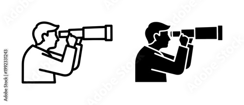 Minimalist business vision icon set, man looking through telescope vector, professional leadership and future strategy symbols in line and glyph style