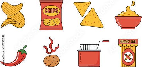 Salty Snack and Potato Chip Vector Icon Set Featuring Nacho Cheese Dip, Tortilla Chips, Chili Pepper, Deep Fryer, Snack Bar Sign, and Bag of Crisps for Concession Branding