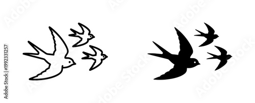 Minimalist swallow bird silhouettes, flying swift bird vector icons, black and white outline swallow set for tattoo design and logo branding