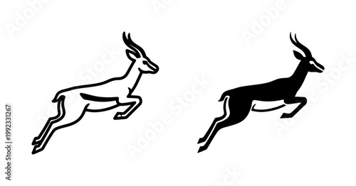 Minimalist jumping gazelle vector icons, black and white antelope silhouette set, leaping springbok line art for wildlife logo design