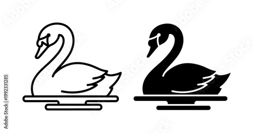 Minimalist swan logo icons, elegant black and white bird silhouettes, graceful waterfowl vector set for luxury branding and wedding stationery
