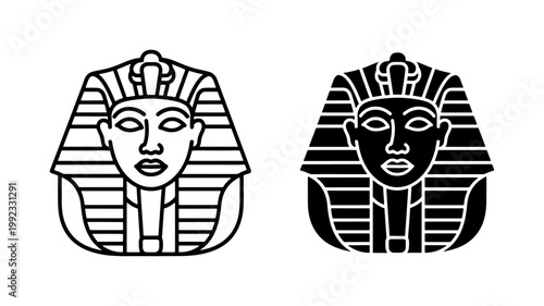 Ancient Egyptian Pharaoh mask vector icons, black and white King Tutankhamun head silhouette, minimalist Egyptian royalty line art set