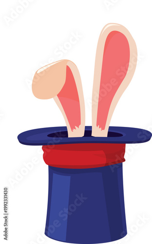 Magic hat with hare inside, the ears stick out, vector cartoon illusionist black cylinder for focus trick with rabbit