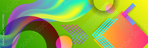 Universal design, banner concept. Bright juicy colors background with geometric elements, lines and dots for text