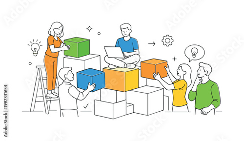 People interacting with modular 3D blocks to build structures and organize ideas in a modern creative or business context, illustrated through a clear metaphor of simple