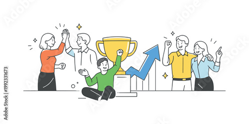 Team success and workplace satisfaction in a professional environment where colleagues celebrate achievements and support each other, visualized through people