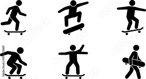 Black silhouette skateboarder performing tricks and walking with board vector art