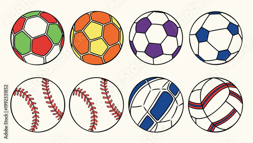 Vector illustration of assorted colorful sports balls for games with baseball volleyball football athletics