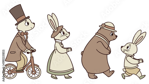 Vector illustration of anthropomorphic animals dressed in vintage clothes with anthropomorphic, whimsical