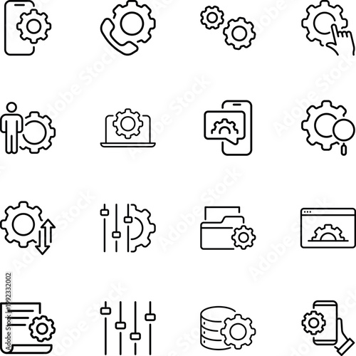 settings configuration management optimization digital icons, gear, phone, laptop, database, folder, sliders, magnifier, document