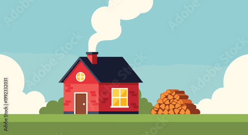Cozy red house with chimney and firewood vector illustration