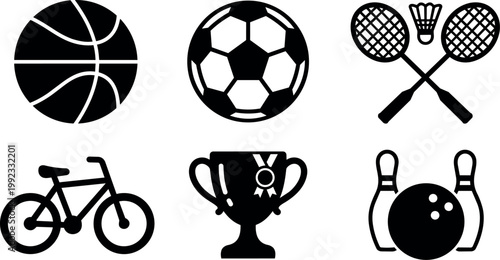 Black and white sport icons basketball soccer badminton bicycle trophy bowling ball