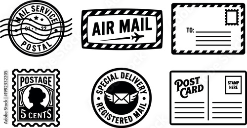 Black and white postal stamps and mail service icons vector art