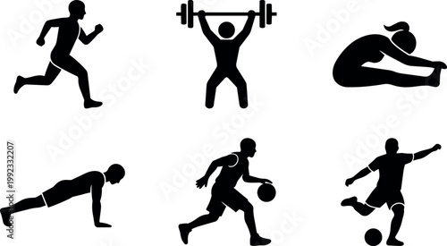 Black silhouette athletes running lifting stretching pushups dribbling and kicking