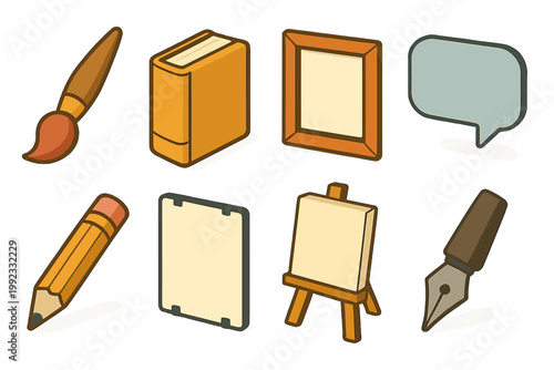 Storytelling Tools Icons. Illustrative Storytelling flat icons brush, book, frame, dialogue bubble, pencil, artboard, canvas, ink pen