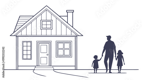 Vector illustration of a family walking near a house with children silhouette together building residence