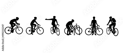 Cyclist silhouette set, bike riding actions and urban cycling poses, isolated black icons on white background, group of people commuting on bicycles, vector illustration collection for sports or traff