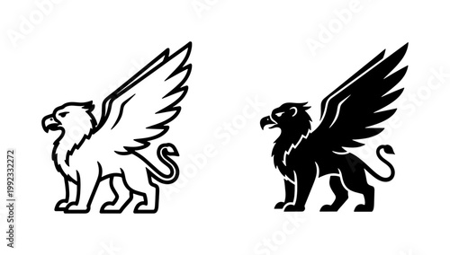Griffin Mythical Creature Black Outline and Silhouette Vector
